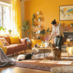 Famille heureuse avec un chien et un chat à la maison