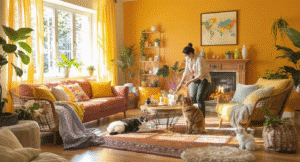 Famille heureuse avec un chien et un chat à la maison