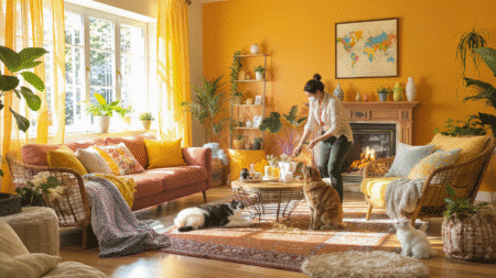 Famille heureuse avec un chien et un chat à la maison