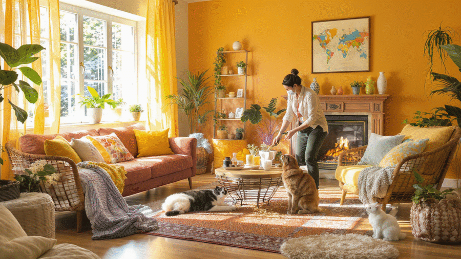 Famille heureuse avec un chien et un chat à la maison